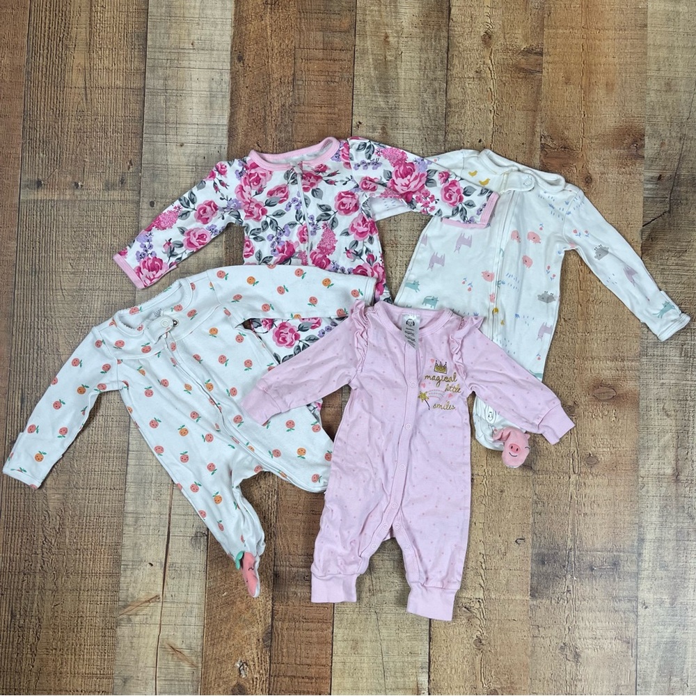 Newborn Zip Button Floral Peach Pastel Animal Bird Footie Bundle of 4